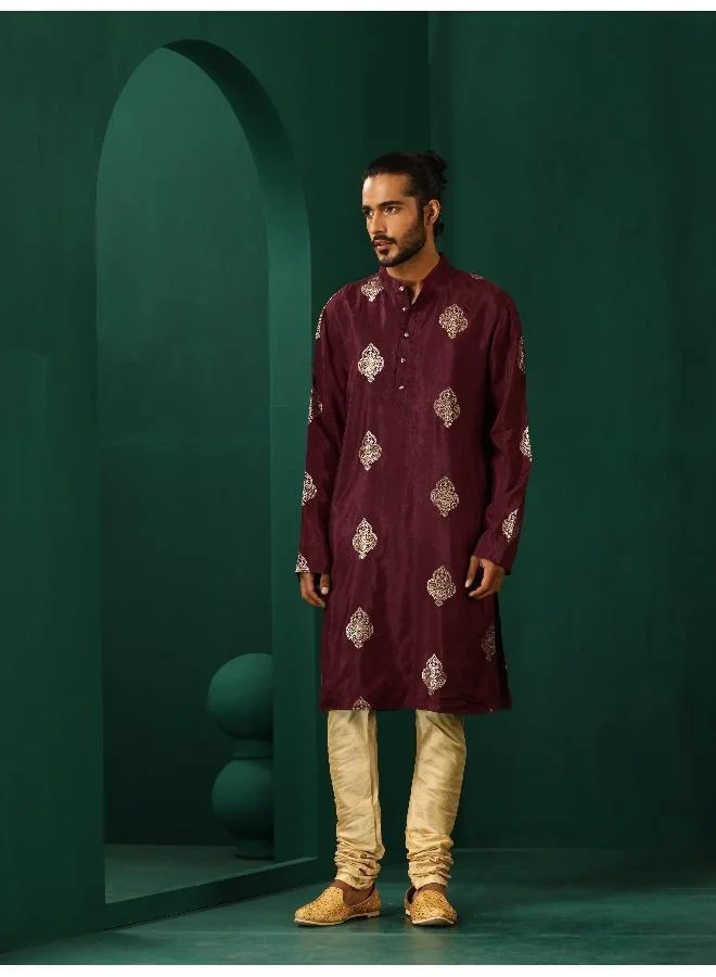 ترو برونز trueBrowns Men's Wine Geometric Viscose Silk Long Kurta