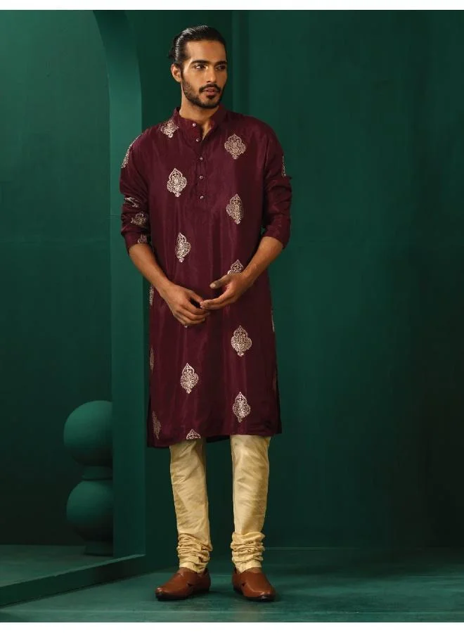 ترو برونز trueBrowns Men's Wine Geometric Viscose Silk Long Kurta