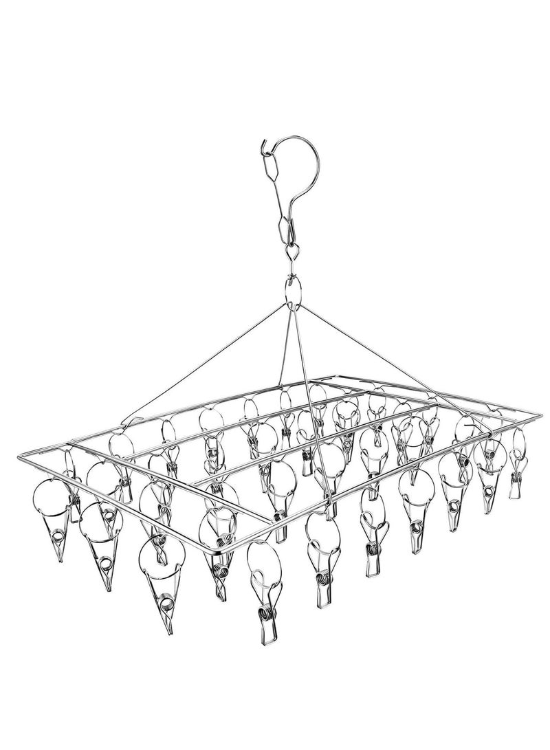 Y&D Stainless Steel Sock Drying Rack, Laundry Pegs with 36pcs Swivel Hook Wind-proof Clothes Hanging Rack Metal Clothespins Rectangle for Socks, Underwear, Shoe Insoles, Baby Clothes, Gloves  - Image 1
