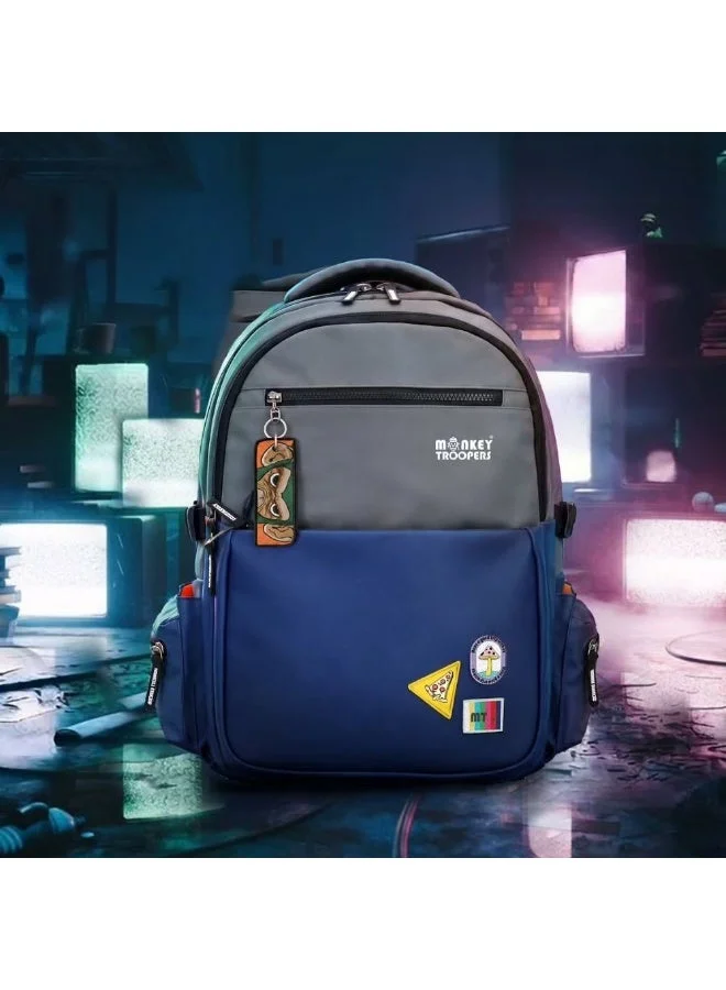 Monkey Troopers Multicolour Glitch Laptop Backpack 24 Liter With Padded Compartment Multiple Pockets Breathable Back Mesh Luggage Straps Key Hook Blue/Grey  | Best Price UAE