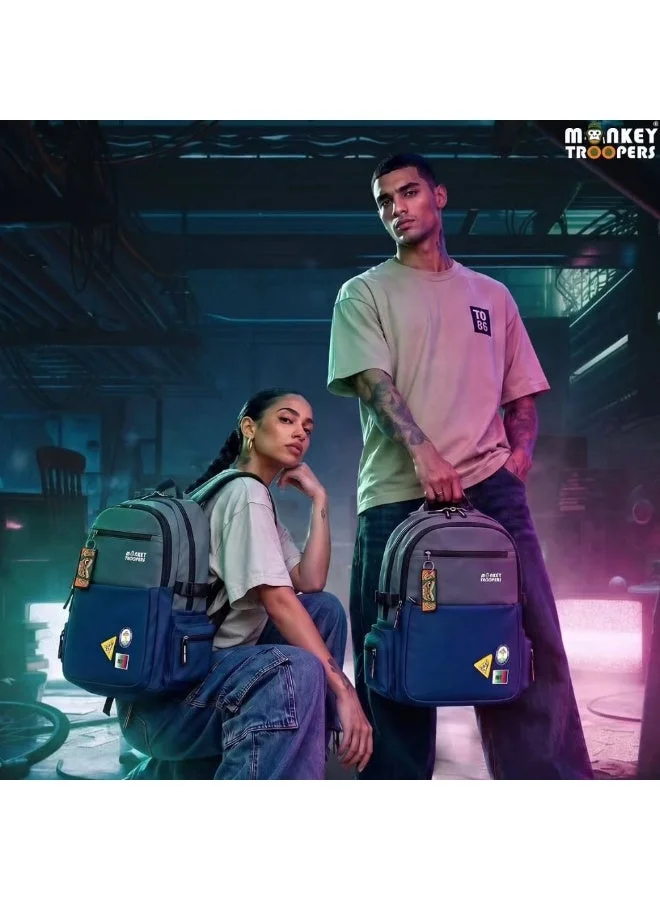 Monkey Troopers Multicolour Glitch Laptop Backpack 24 Liter With Padded Compartment Multiple Pockets Breathable Back Mesh Luggage Straps Key Hook Blue/Grey  | Best Price UAE