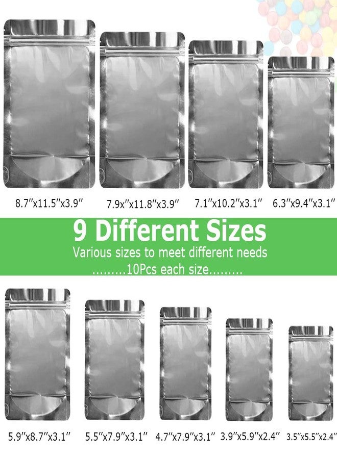 REKOBON Mylar Bags, 90 Pack 9 Sizes 7mil Mylar Bags for Food Storage, Resealable mylar ziplock bags, Stand Up Pouch Bags, Clear Front with Aluminum Foil Back, Zipper Bags with Gusset Bottom for Multipurpose - Image 2
