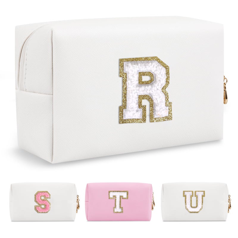Personalized Initial AZ Preppy Patch Makeup BagWaterproof PU Chenille Letter Travel Cosmetic Pouch with ZipperCute Toiletry Organizer BagGift Ideal for Women Teacher BridesmaidLetter R