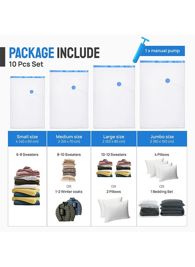 Vacuum Storage Bags, Pack of 10 Save 80% Space (2 x Jumbo, 2 x Large, 2 x Medium, 4 x Small), Reusable Vacuum Sealer Bags for clothes, blankets, bedding, pillows and Duvet with Hand Pump for Travel.  - Image 2