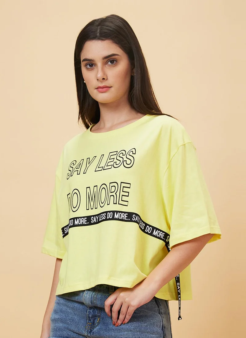 globus Globus Women Yellow Typography Printed Crop Pure Cotton Oversized Casual T-Shirt