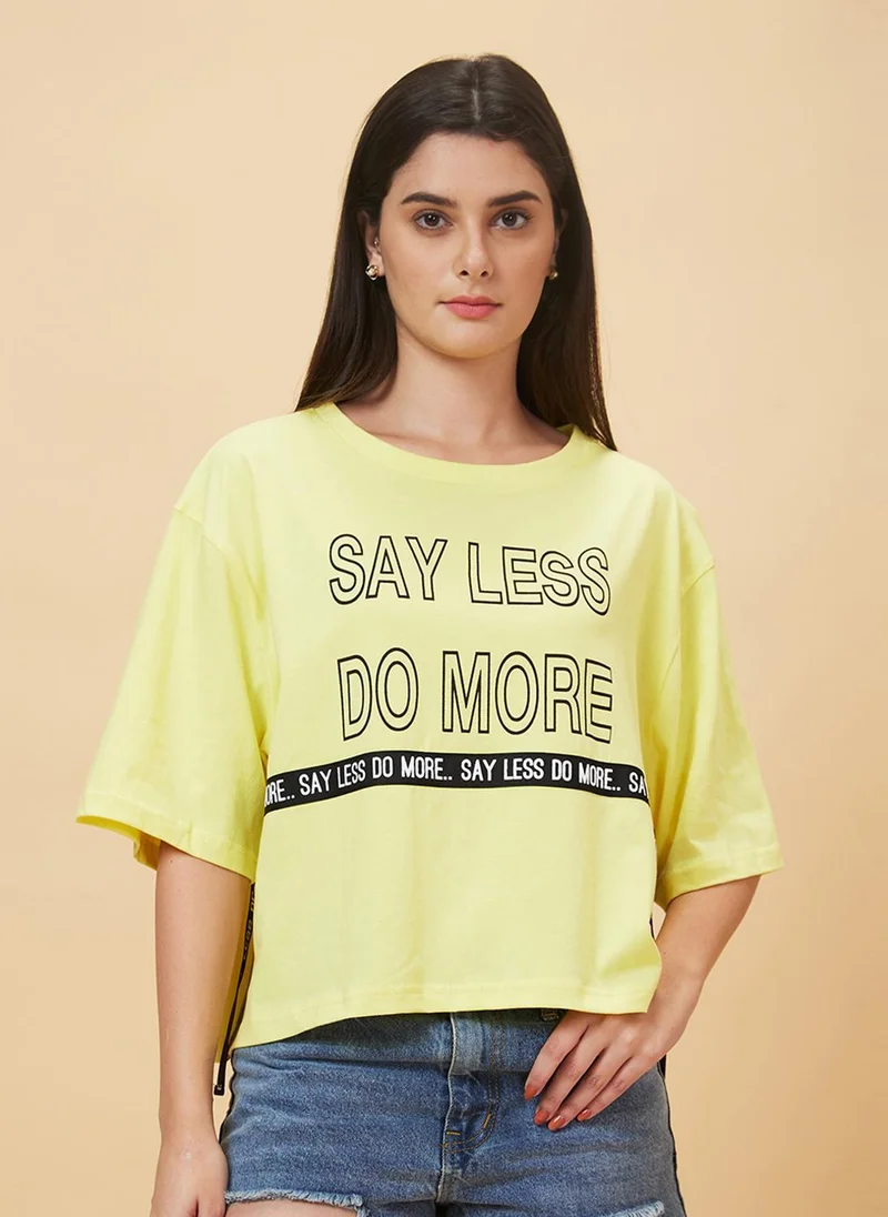 Globus Globus Women Yellow Typography Printed Crop Pure Cotton Oversized Casual T-Shirt