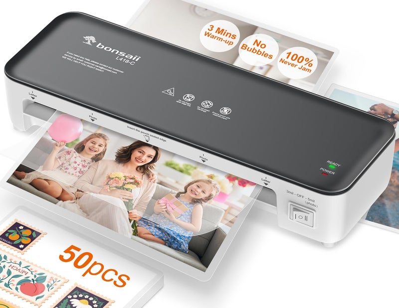 Bonsaii Laminator Machine, 9 Inch Laminators Machine with 50 Laminating Sheets, Laminator with Never Jam Technology for Doc/Posters/Photo, Simple Convenient for Home, Office and School - L418-C Grey - Image 1