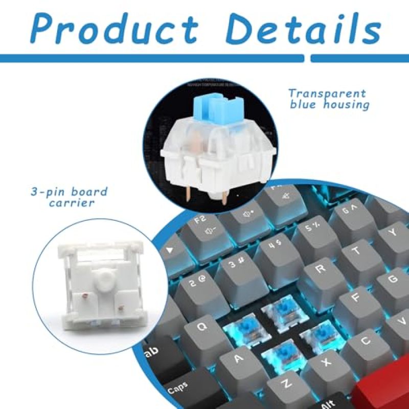 Clicky Mechanical Switch 3-Pin Blue Transparent Housing - Pre-Lubricated POM Stem Dust-Proof Durability Keyboard Switch for Custom Mechanical Keyboard Builds Gaming Typing Enthusiasts - Image 2