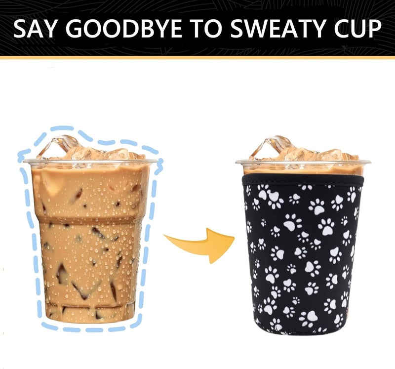 واي آر Reusable Neoprene Insulator Sleeve for Iced Coffee Cups, 3 Pack Coffee Coolies sleeves for Iced  Hot Drinks, Cold Beverage Cooler Compatible with Starbucks Coffee and More (Paw) - Image 3