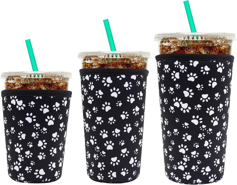واي آر Reusable Neoprene Insulator Sleeve for Iced Coffee Cups, 3 Pack Coffee Coolies sleeves for Iced  Hot Drinks, Cold Beverage Cooler Compatible with Starbucks Coffee and More (Paw) - Image 1