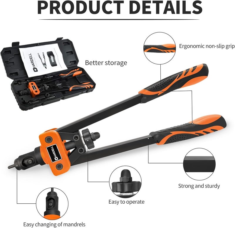 HARDELL 14" Heavy Duty Rivet Tool Kit with 150 Rivet Nuts and 6 Metric Mandrels - Image 2