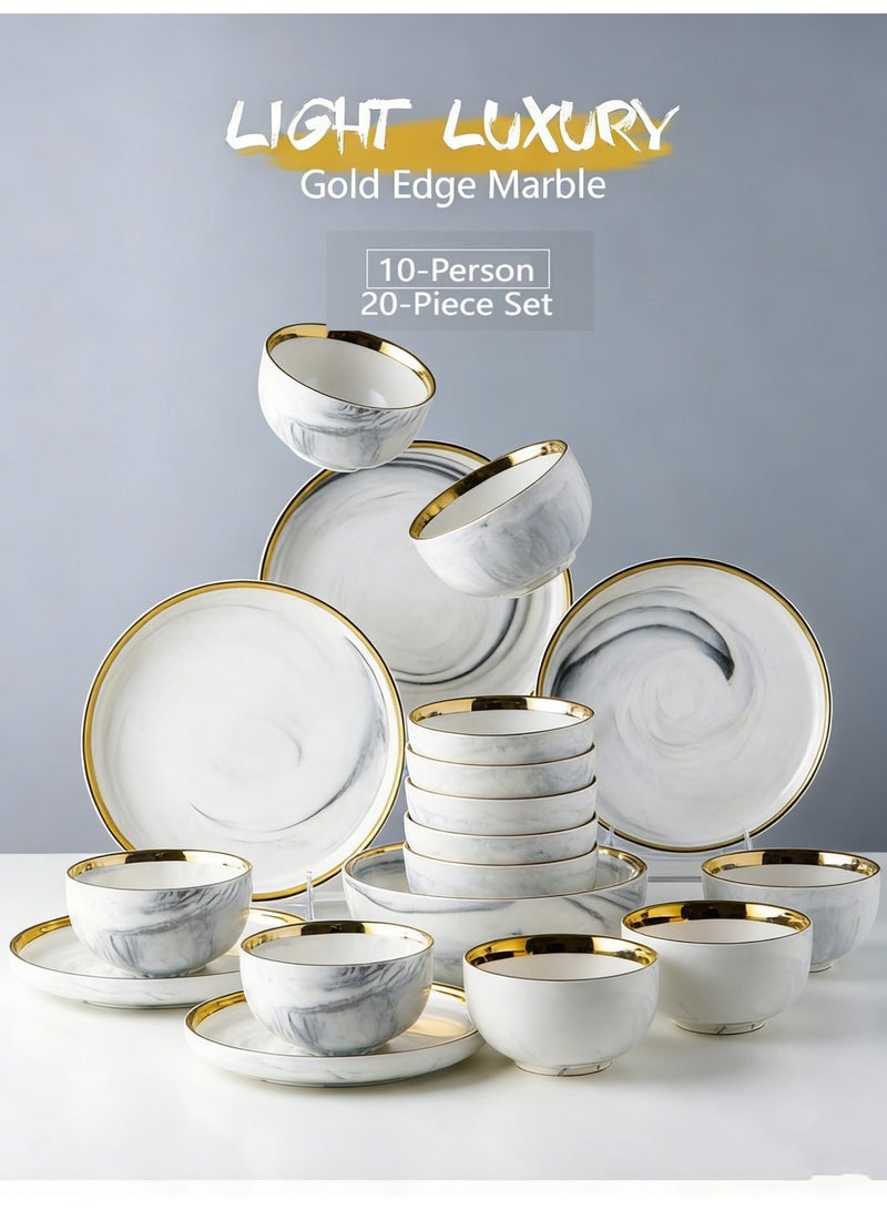  حياة القمر1 الرخام نمط أدوات العشاء مجموعة مع حافة الذهب - 20 قطعة أطباق السيراميك أطباق أكواب ، أواني المائدة الأنيقة الحديثة للاستخدام اليومي والحزب - Image 1