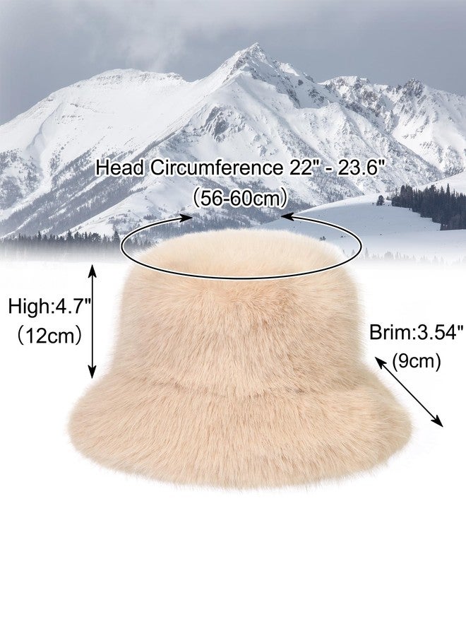 LA CARRIE Women's Fuzzy Wide Brim Faux Fur Bucket Hat Winter Warmer Fisherman Cap(Beige) - Image 3
