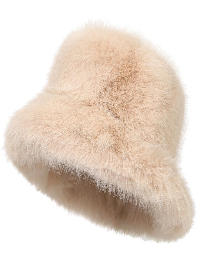 LA CARRIE Women's Fuzzy Wide Brim Faux Fur Bucket Hat Winter Warmer Fisherman Cap(Beige) - Image 1