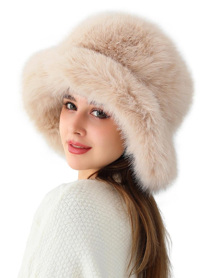 LA CARRIE Women's Fuzzy Wide Brim Faux Fur Bucket Hat Winter Warmer Fisherman Cap(Beige) - Image 4