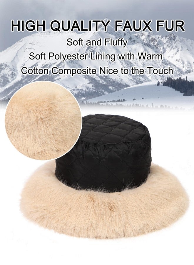 LA CARRIE Women's Fuzzy Wide Brim Faux Fur Bucket Hat Winter Warmer Fisherman Cap(Beige) - Image 2