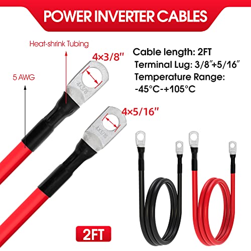 TUELETFU كابلات بطارية 5 AWG كابلات عاكس الطاقة 5 قياس مع لقم 3/8 بوصة و 5/16 بوصة في كل طرف للسفن البحرية والقوارب والمركبات الترفيهية والسيارات وسيارات الدفع الرباعي والشاحنات والجرارات والدراجات النارية 2 قطعة (2 قدم، 5 AWG) - Image 2