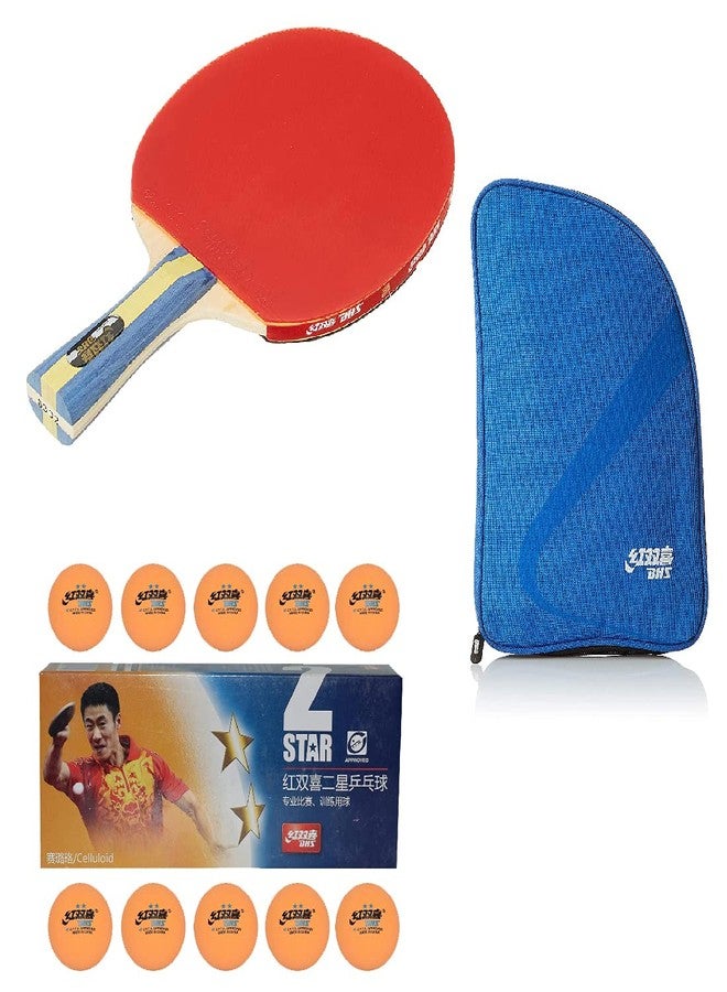 دي إتش أس مضرب تنس الطاولة S-S302 DHS مع كرة تنس الطاولة DHS 40 مم بنجمتين برتقالية (علبة من 10 قطع) وغطاء مضرب تنس الطاولة RC104 DHS أزرق - Image 1