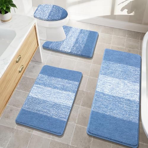 Bsmathom Bathroom Rugs Sets 4 Piece with Toilet Lid Cover, Non-Slip Bath Rugs for Bathroom, Microfiber Shaggy Absorbent Bath Rugs with U-Shaped Toilet Rug, Blue - Image 1