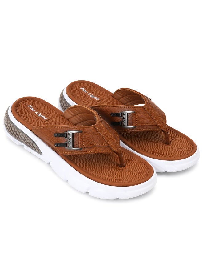 Men's Leather Flip Flop, Cushioned Footbed, Lightweight Thick Sole, Soft Toe Post, Anti-Slip Casual Beach & Everyday Slippers