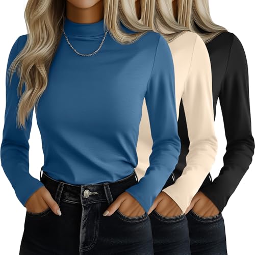Ficerd 3 Pack Womens Mock Turtleneck Shirts Long Sleeve Mock Neck Pullover Tops Slim Fitted Stretch Undershirt Tee BlouseBlack Apricot BlueMedium - Image 1