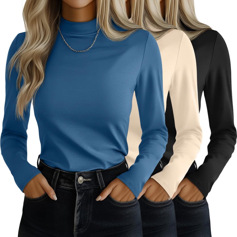 Ficerd 3 Pack Womens Mock Turtleneck Shirts Long Sleeve Mock Neck Pullover Tops Slim Fitted Stretch Undershirt Tee BlouseBlack Apricot BlueMedium - Image 2