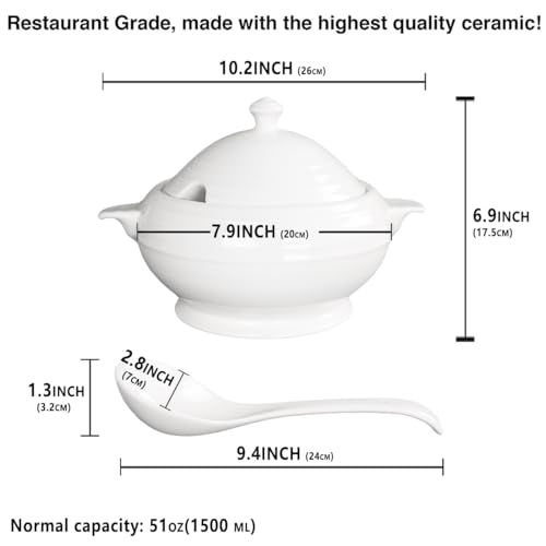 Creativity Home Casserole Dish with Serving Handles, 1.5 Qt Soup Tureen with Lid and a 9.4-inch Spoon, for Dinner and Party Microwave Safe 10.2 Inch - Image 2