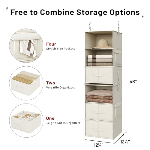 Vailando 6-Shelf Hanging Closet Organizer, 2 Separable 3-Shelf Hanging Shelves with 3 Drawers for Wardrobe, Nursery, Baby Clothes Organization and Storage, Beige - Image 5