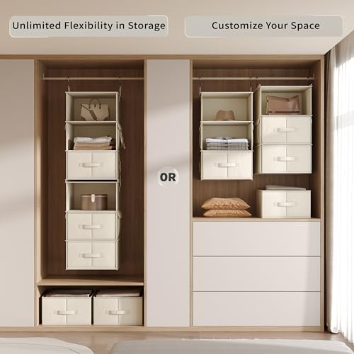 Vailando 6-Shelf Hanging Closet Organizer, 2 Separable 3-Shelf Hanging Shelves with 3 Drawers for Wardrobe, Nursery, Baby Clothes Organization and Storage, Beige - Image 2