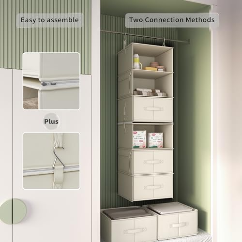Vailando 6-Shelf Hanging Closet Organizer, 2 Separable 3-Shelf Hanging Shelves with 3 Drawers for Wardrobe, Nursery, Baby Clothes Organization and Storage, Beige - Image 3