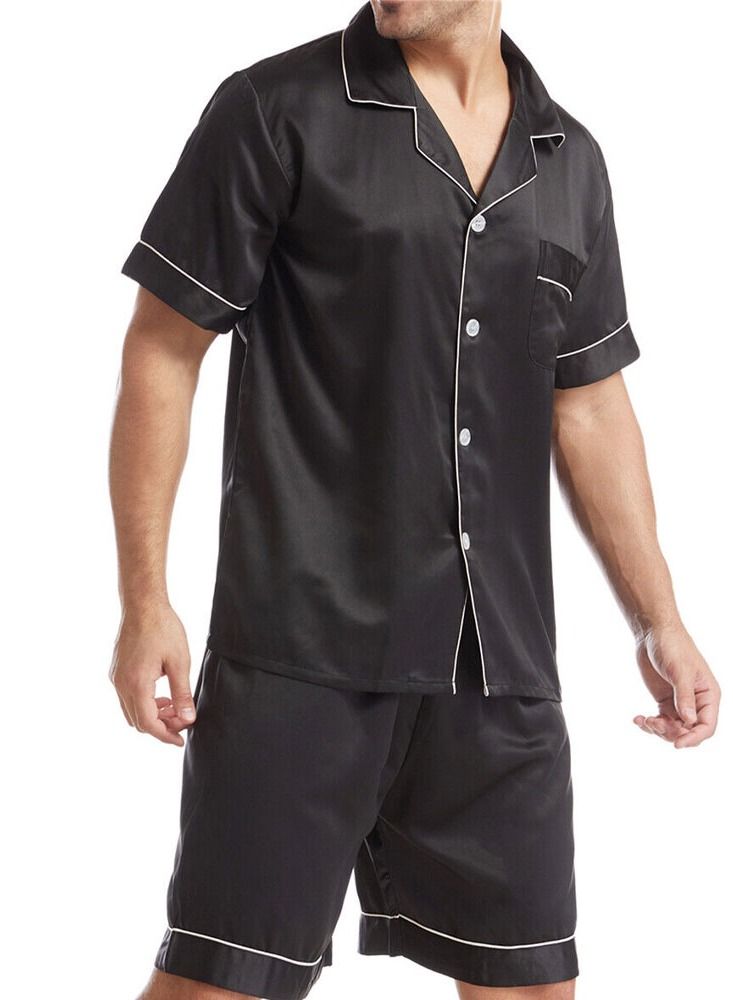 MARGOUN Mens 2pcs Summer Soft Pyjamas Set Short Sleeve Button Down Shirt With Boxer Shorts Black Small (Shirt Length 28''/Shirt Chest 21''/Pajama Length 18''/Pajama Waist 27'') - Image 1