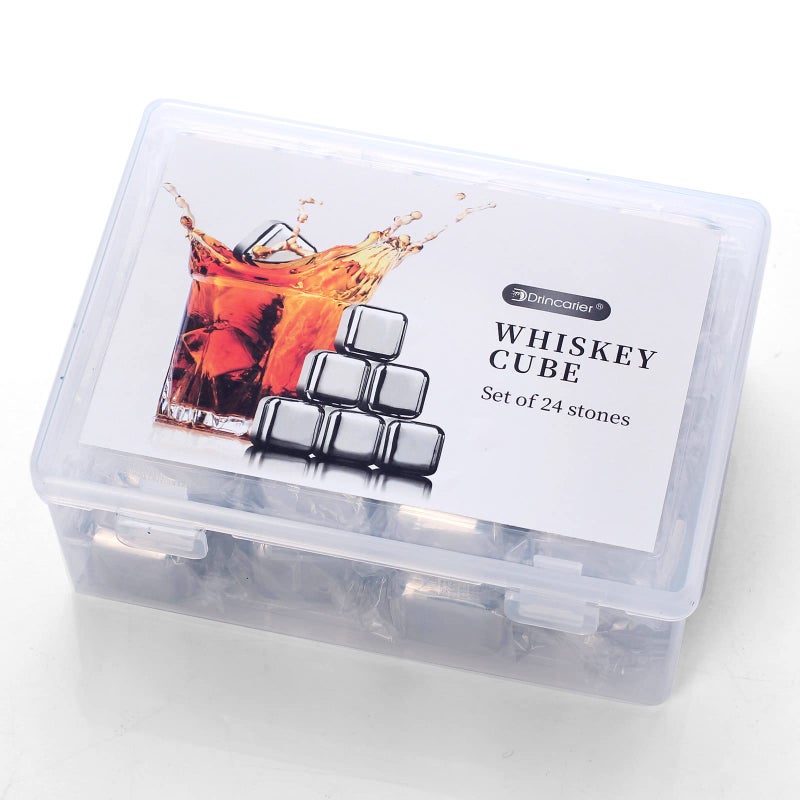 Drincarier Whiskey Stones 24 PackReusable Ice Cubes High Cooling TechnologyStainless Steel Ice Cubes For Whiskey Vodka Liqueurs WineBeverage Juice or Soda Pack of 24 Silver 24 Pack