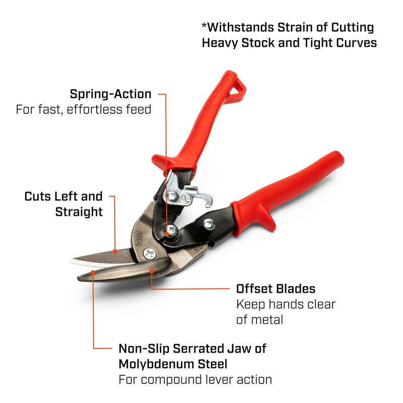 Wiss Crescent Wiss 9-1/4" Metalmaster Offset Straight and Left Cut Aviation Snips - M6R , Red - Image 2