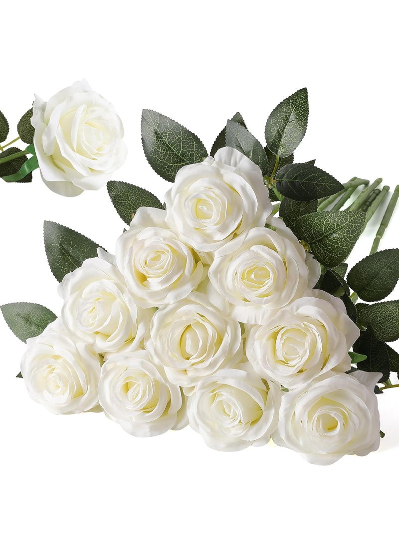 Simulated silk rose bouquet, realistic white fake roses, suitable for wedding, home party decoration, event gifts, set of 10 (white) - Image 1
