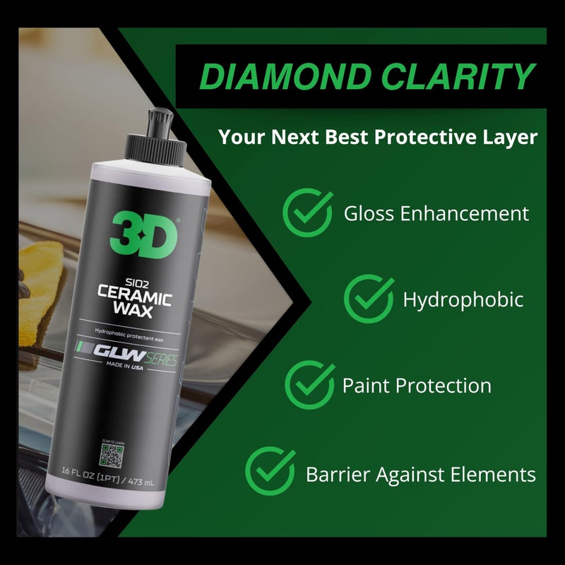 3D GLW Series Ceramic Wax â€“ SiO2 Infused Car Wax for Ultimate Gloss, Hydrophobic Protection & Easy Application | Ultra Slick Shine | Made in USA 16 oz - Image 3