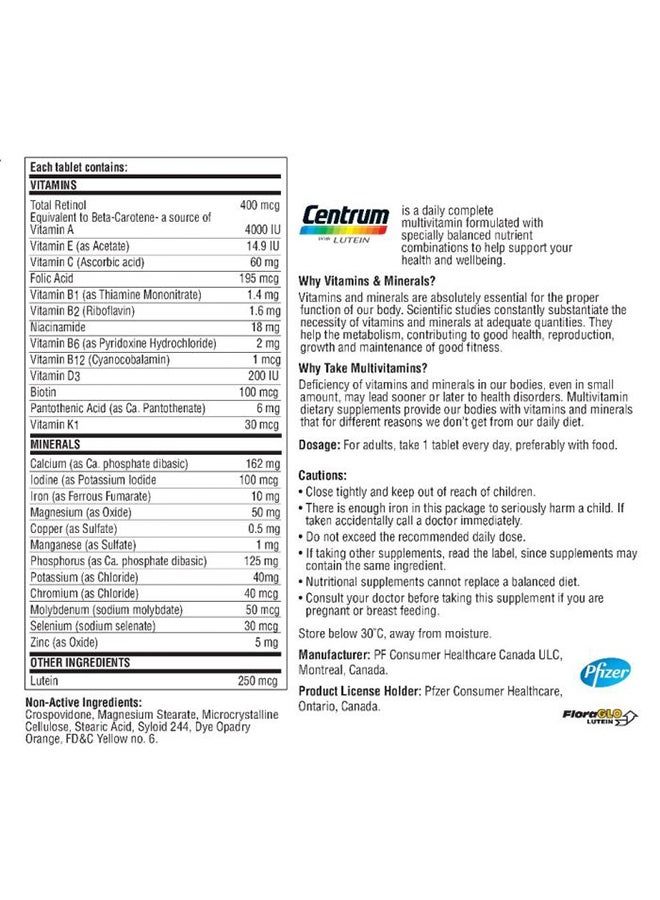 Centrum Multivitamin Multimineral Dietary Supplement - Lutein -100 Tablets - Image 3