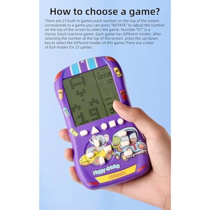 SPORTS CAR LOOK BLOCK GAME CONSOLE 23 BUILDING BLOCK GAMES 824 MODES ADJUSTABLE SPEED/DIFFICULTY 70S/80S/90S RETRO HANDHELD GAME GIFTS FOR CHILDREN/BIRTHDAYS/CHRISTMAS (RED) - Image 5