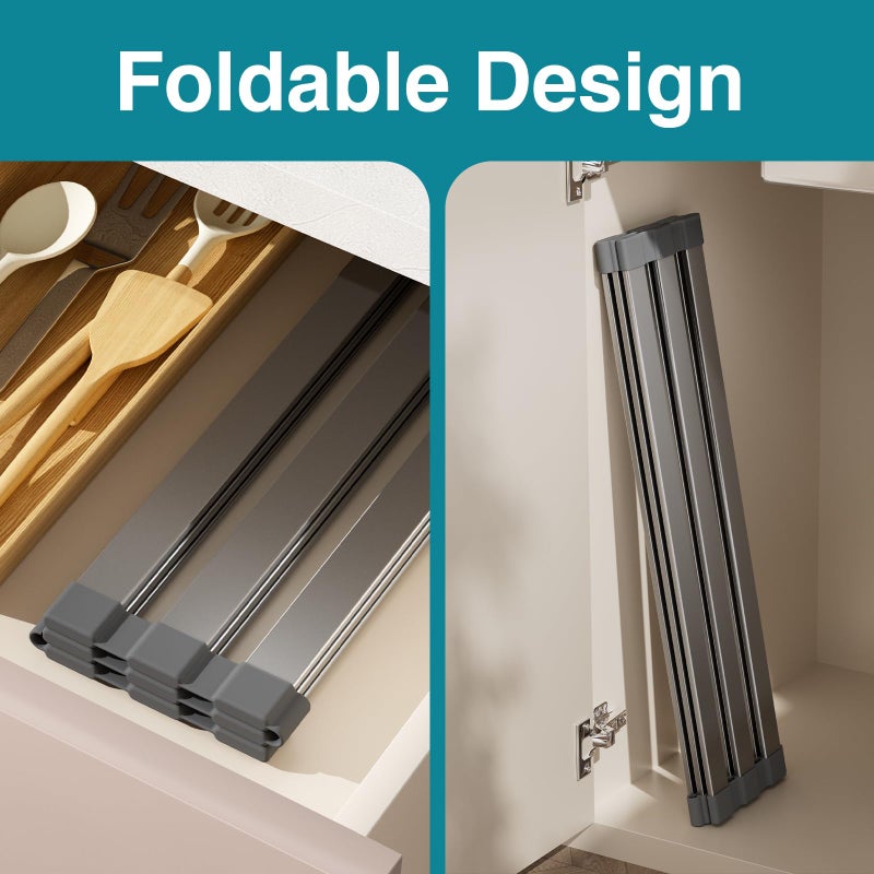COOL-ANGLE Aluminum Roll Up Dish Drying Rack Over The Sink, 17.7" x 13.4" Rust-Proof Foldable Dish Drainer Mat, Heat Resistant Trivet & Kitchen Sink Cover, Fits Sinks up to 16.8" Wide, Matte Gray - Image 5
