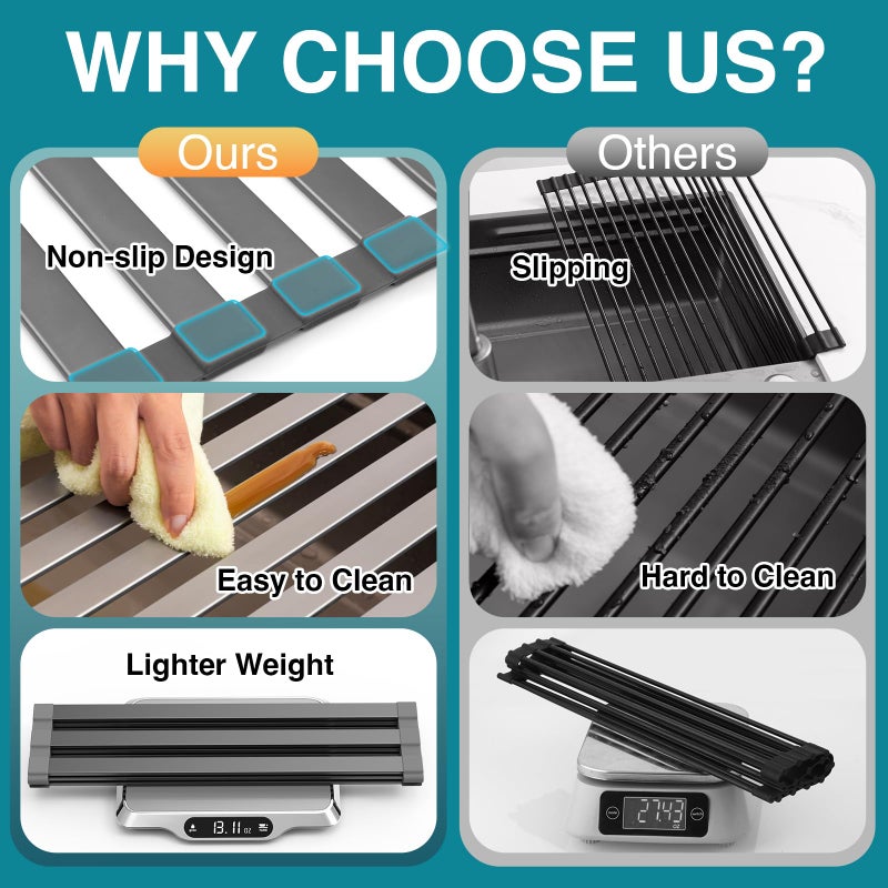 COOL-ANGLE Aluminum Roll Up Dish Drying Rack Over The Sink, 17.7" x 13.4" Rust-Proof Foldable Dish Drainer Mat, Heat Resistant Trivet & Kitchen Sink Cover, Fits Sinks up to 16.8" Wide, Matte Gray - Image 2