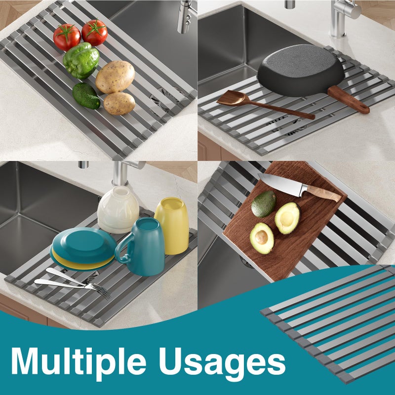 COOL-ANGLE Aluminum Roll Up Dish Drying Rack Over The Sink, 17.7" x 13.4" Rust-Proof Foldable Dish Drainer Mat, Heat Resistant Trivet & Kitchen Sink Cover, Fits Sinks up to 16.8" Wide, Matte Gray - Image 4