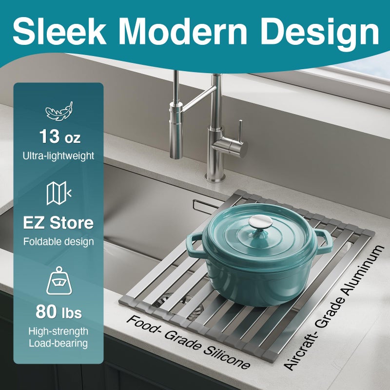 COOL-ANGLE Aluminum Roll Up Dish Drying Rack Over The Sink, 17.7" x 13.4" Rust-Proof Foldable Dish Drainer Mat, Heat Resistant Trivet & Kitchen Sink Cover, Fits Sinks up to 16.8" Wide, Matte Gray - Image 3