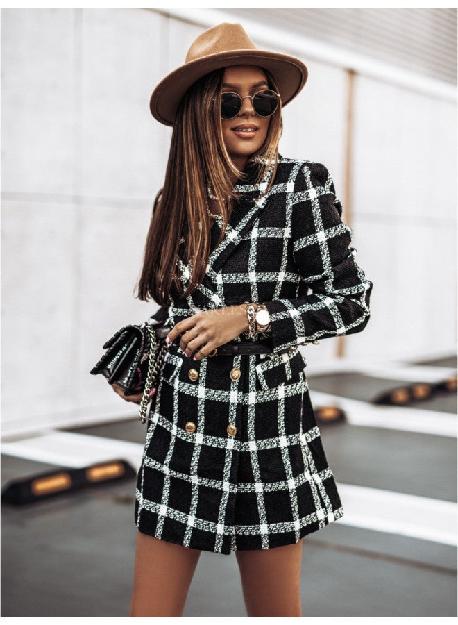 Europe And The United States Women's Clothing  Autumn And Winter Woolen Printing Lapel Long Coat