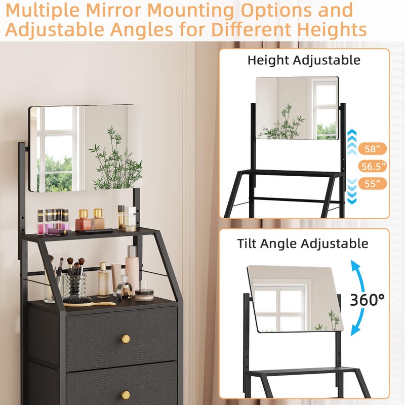 HIGDBFE Dresser with Mirror, 4 Drawers Dresser with 2-Tier Shelves, Freestanding Fabric Chest of Drawers for Small Space, Tall Narrow Nightstand Vanity for Bedroom, Hallway, Dorm, Black, 15.3" W - Image 4