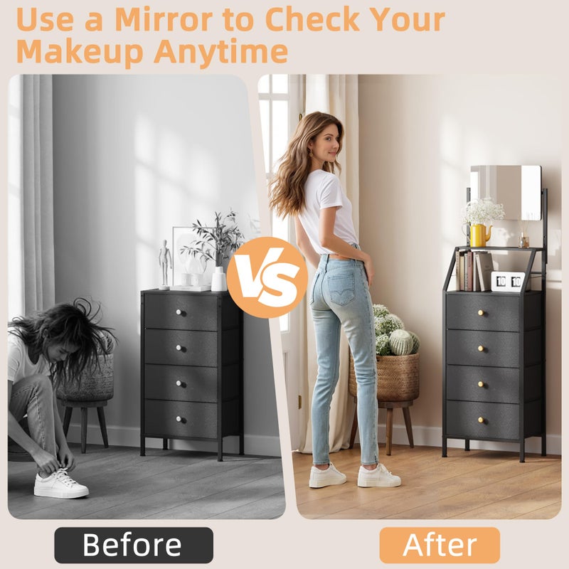 HIGDBFE Dresser with Mirror, 4 Drawers Dresser with 2-Tier Shelves, Freestanding Fabric Chest of Drawers for Small Space, Tall Narrow Nightstand Vanity for Bedroom, Hallway, Dorm, Black, 15.3" W - Image 2