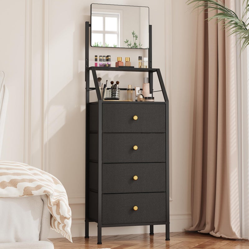 HIGDBFE Dresser with Mirror, 4 Drawers Dresser with 2-Tier Shelves, Freestanding Fabric Chest of Drawers for Small Space, Tall Narrow Nightstand Vanity for Bedroom, Hallway, Dorm, Black, 15.3" W - Image 1