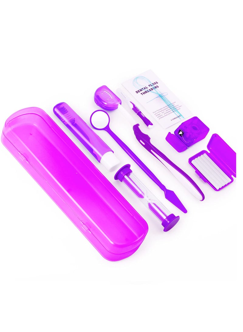 طقم تنظيف الأسنان ، 8 طقم العناية بتقويم الأسنان ، طقم فرشاة أسنان تقويم الأسنان ، فرشاة أسنان السفر ، خيط تنظيف الأسنان الشمع ، خيط تنظيف الأسنان مرآة الفم ، ( الأرجواني ) - Image 1