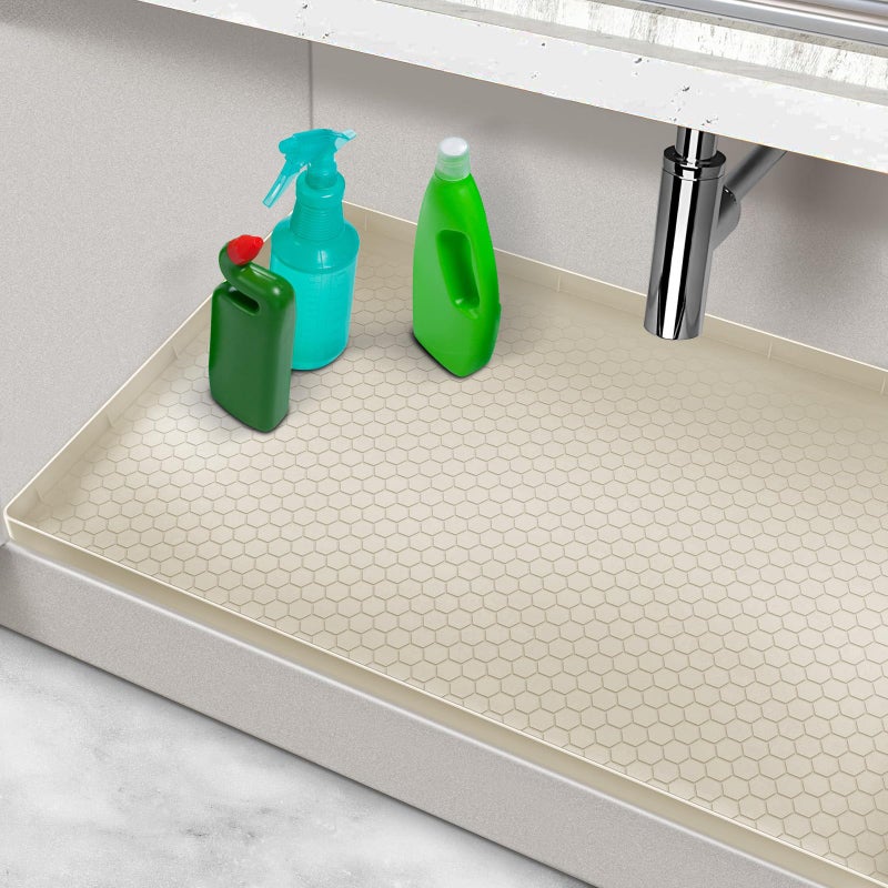 MECHEER Under Kitchen Sink Mats and Protectors Waterproof, Silicone Under Sink Mat for 34" x 22" Cabinets, Under Sink Tray Organizer, Shelf Liner Cabinet Liner for Kitchen and Bathroom, Beige - Image 1