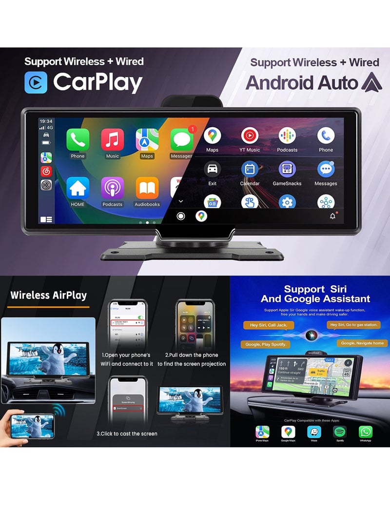 AROAQ Wireless Carplay Screen, 4k HD 10.26 Inch Car Smart Screen Wireless Carplay With Front And Rear Dual Recorders, Durable Android Auto Screen With Cam Recorder Loop Recording, (Without Memory Card) - Image 4