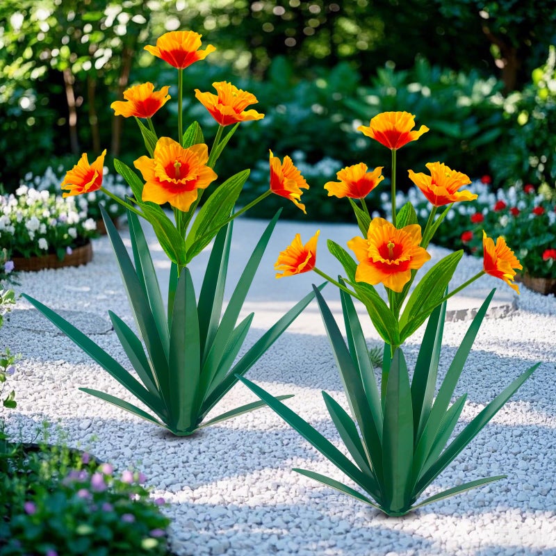 Homight Metal Agave Plant Outdoor Decoration Outdoor Garden Decoration Daffodils Flowers Mexican Yard Art Daffodils Flowers Decorative Garden Gift 2 Big Orange Daffodil - Image 2