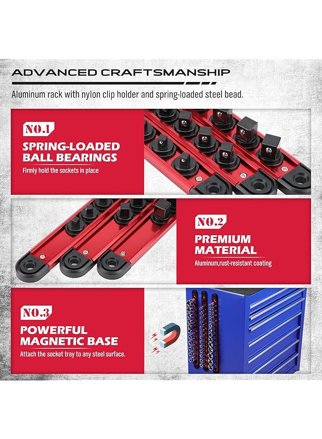 Excefore Magnetic Socket Organizer Set With 1/4" Detachable Socket Trays, Space Saving Tool Holder For 14-Piece Standard Sockets, Durable Garage Toolbox Storage For Automotive And Mechanical Use, Red - Image 4